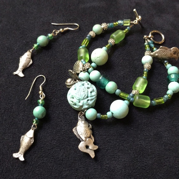 Turquoise & Glass Bead Chinese Silver Bracelet Set - Picture 3 of 9